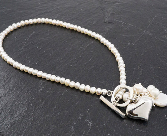 Pearl Cluster Necklace w/ Silver Heart & Toggle