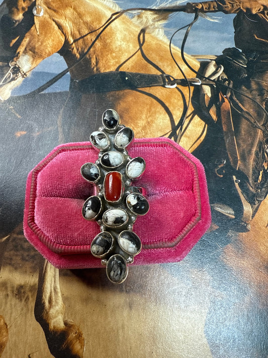 Handmade Coral, White Buffalo & Sterling Silver Adjustable Ring Signed Nizhoni