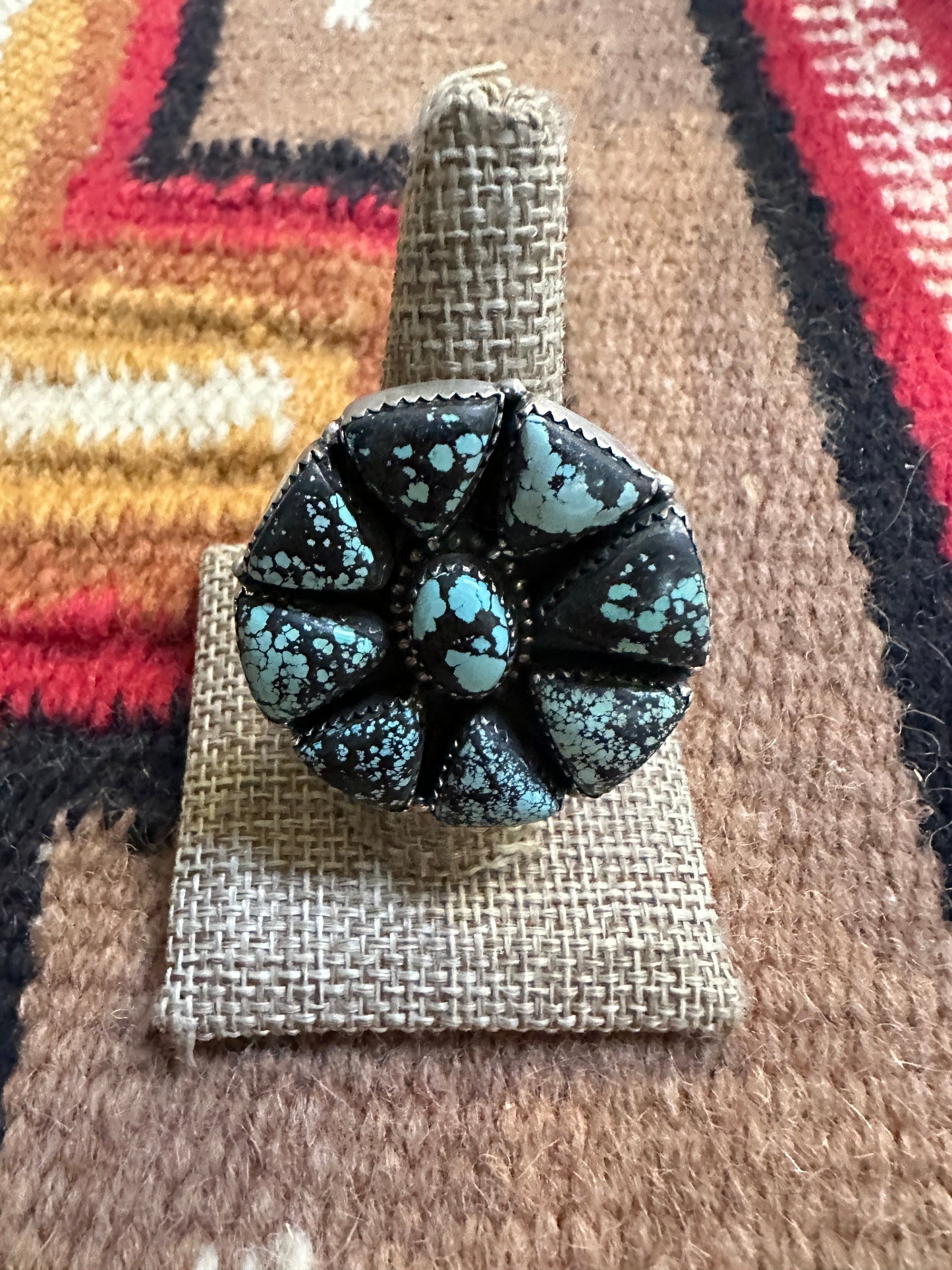 Beautiful Handmade New Lander Turquoise And Sterling Silver Adjustable Statement Round Ring