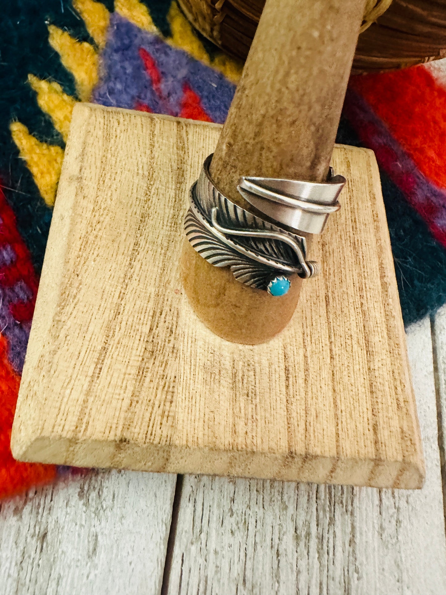 Navajo Sterling Silver & Turquoise Adjustable Feather Ring