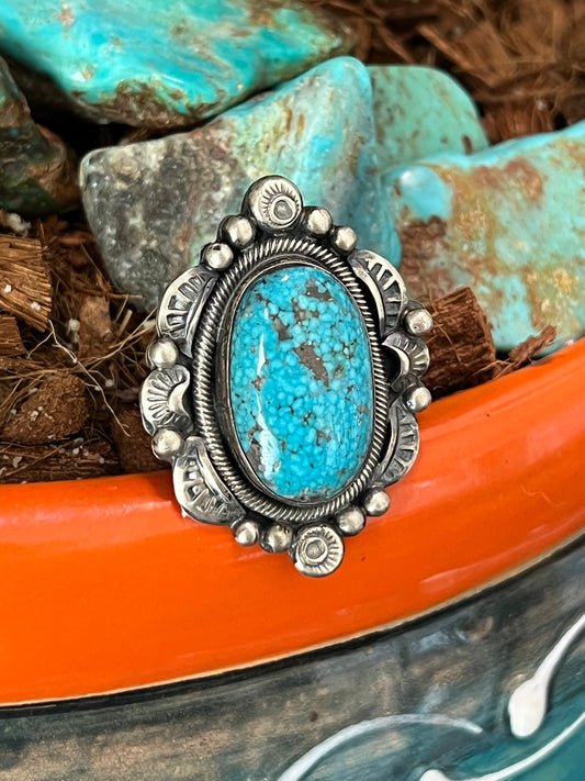 Navajo Sterling Silver and Natural Kingman Web Ring by Boyd Ashley, Size 8