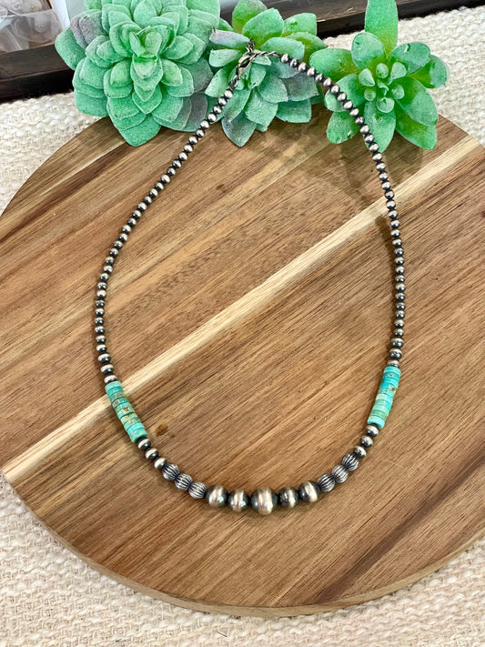 Handmade Sterling Silver with Kingman Turquoise Beaded Necklace with Signed Nizhoni