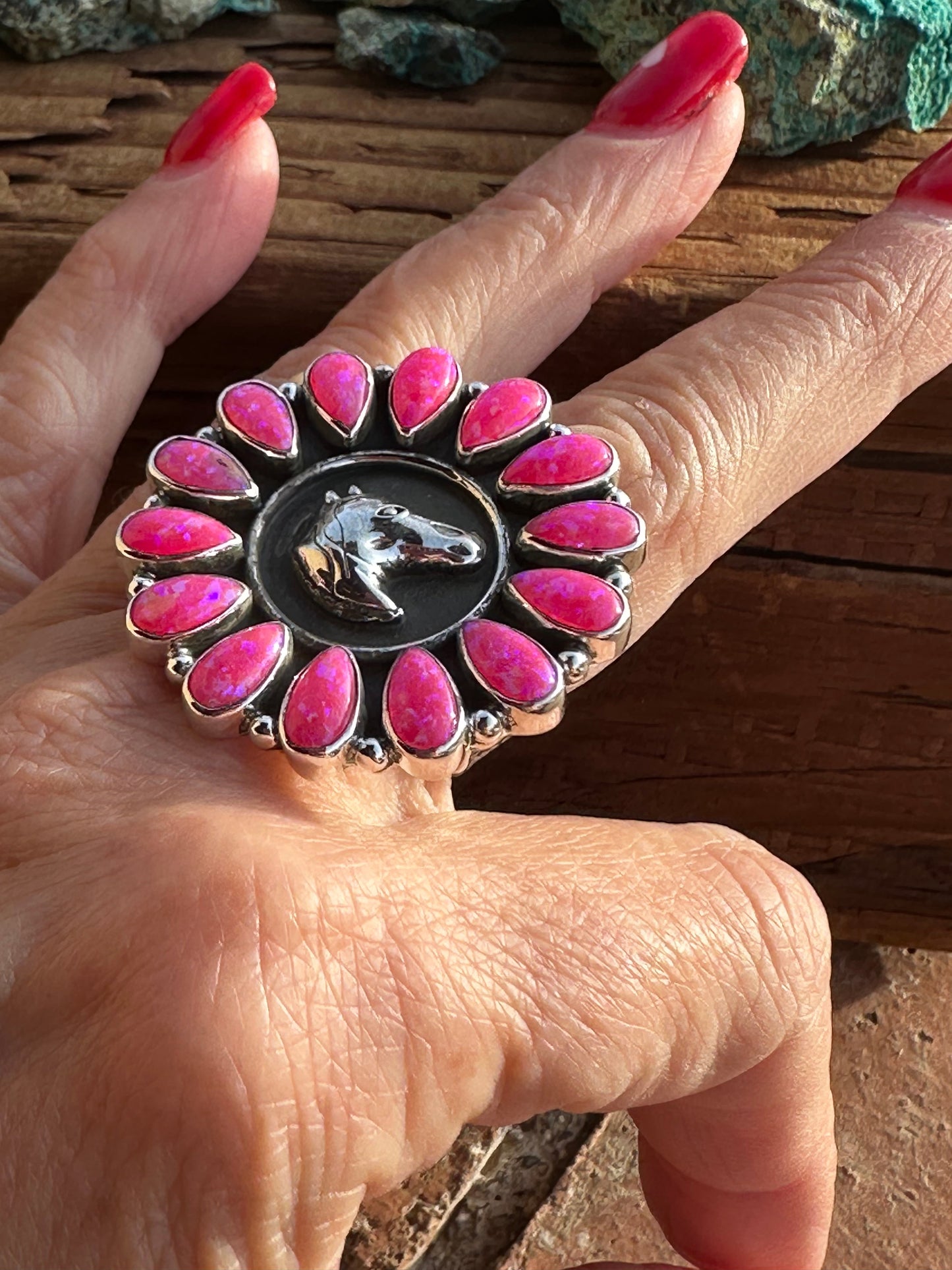 Beautiful Handmade Hot Pink Fire Opal And Sterling Silver Adjustable Horse  Ring