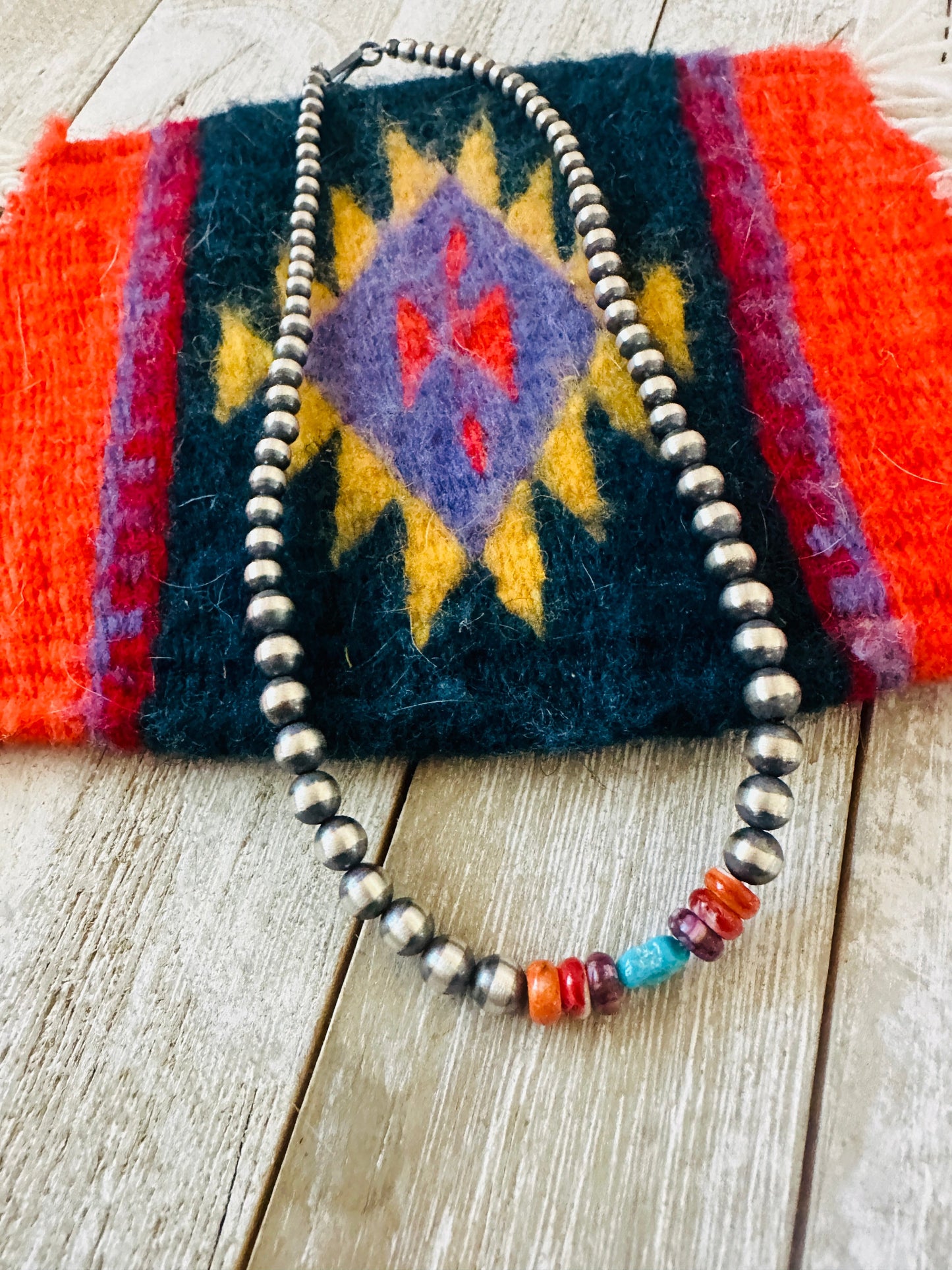 Navajo Sterling Silver, Spiny & Turquoise Beaded 14” Necklace