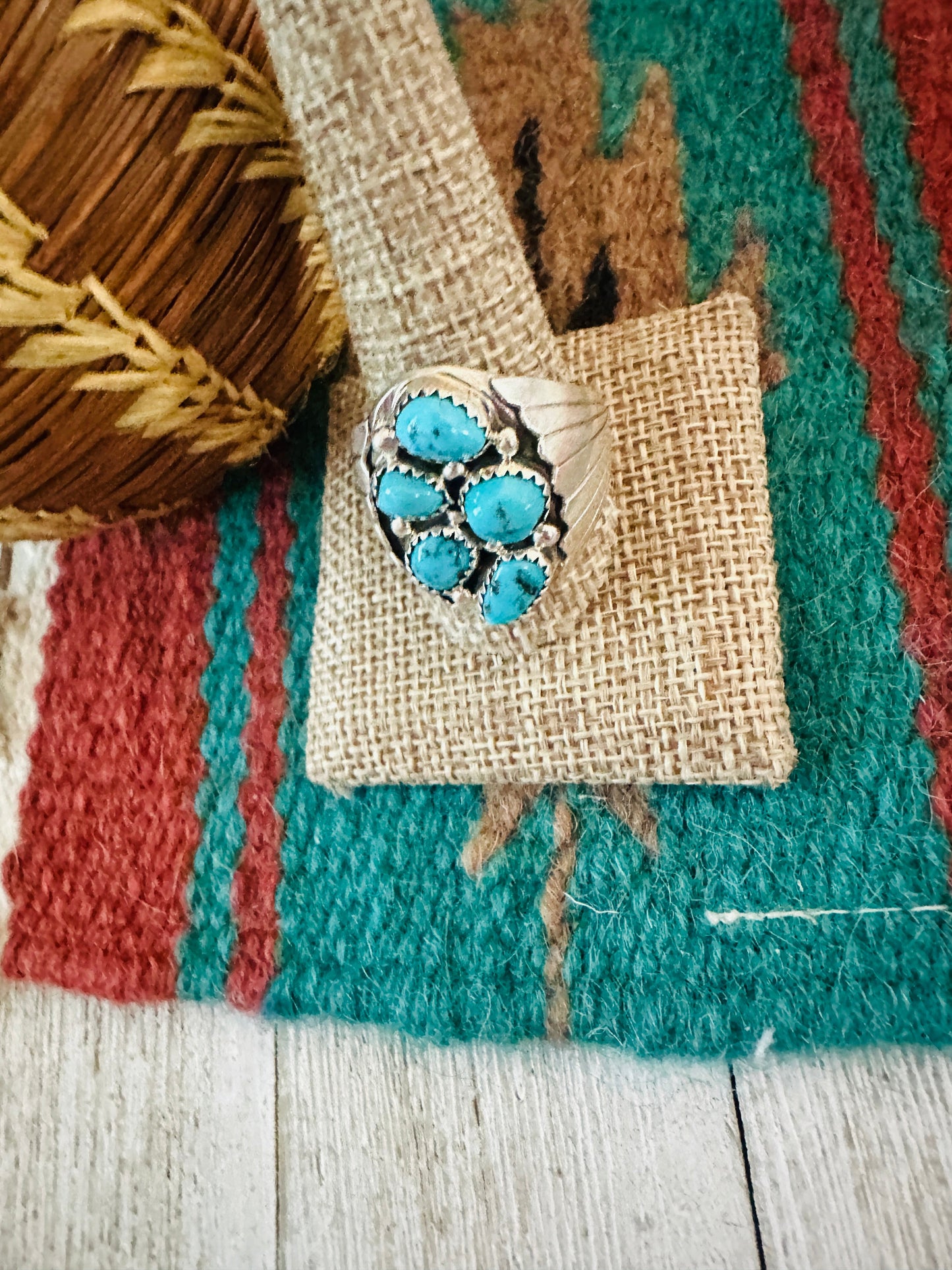 Old Pawn Navajo Sterling Silver & Turquoise Cluster Ring