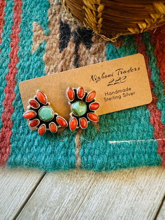 ** Christmas Collection ** Handmade Sterling Silver, Coral & Turquoise Cluster Earrings Signed Nizhoni