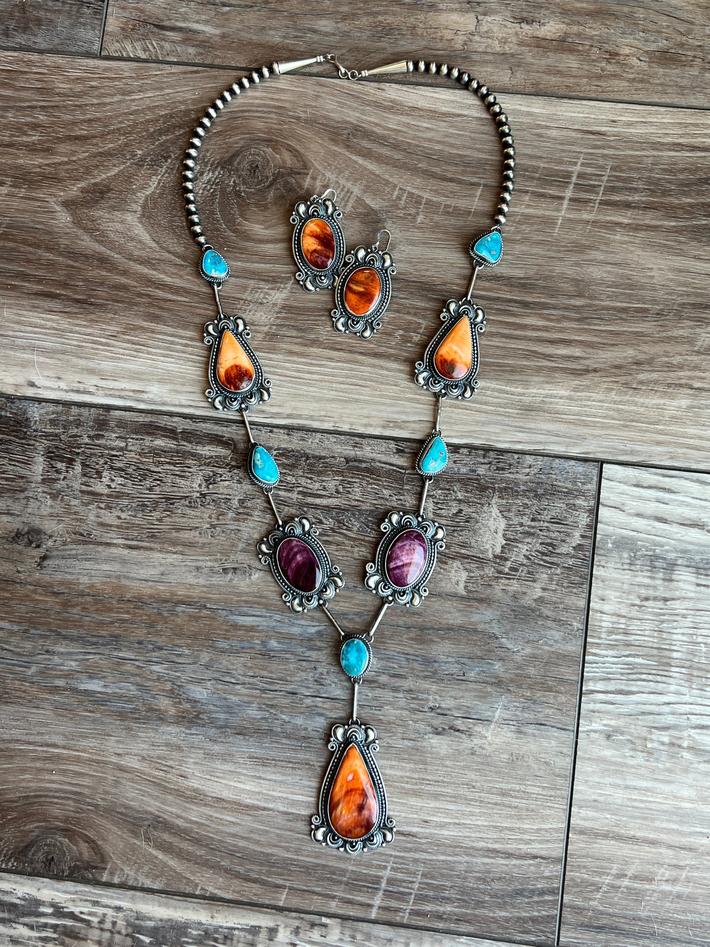 Navajo Sterling Silver, Spiny Oyster and Turquoise Link and Bead Necklace and Earrings Set by Derrick Gordon