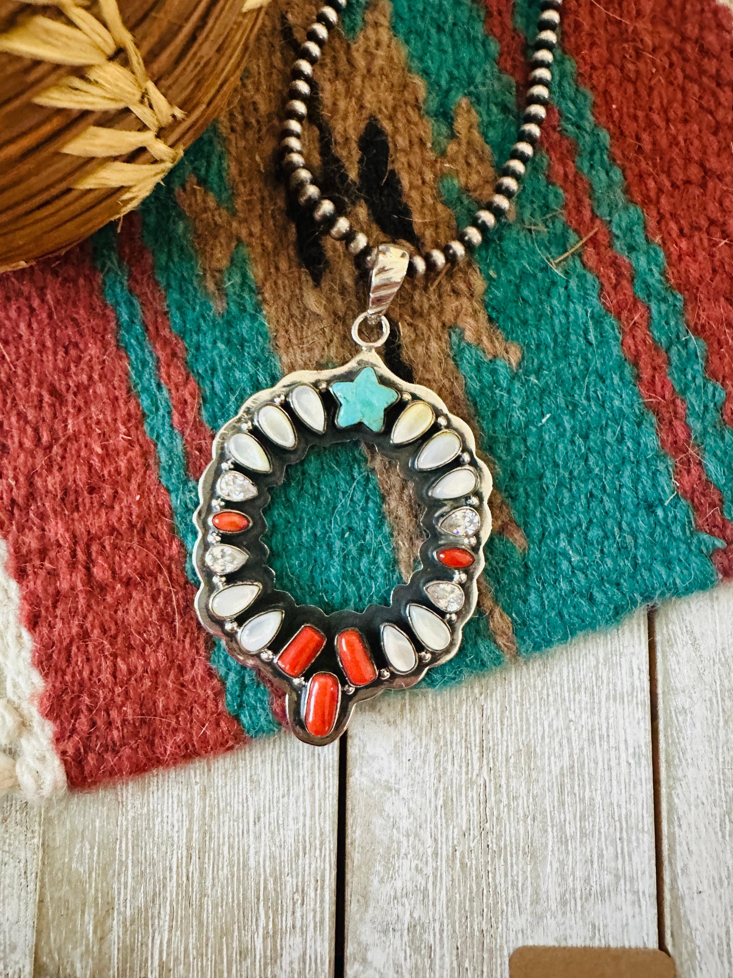 ** Christmas Collection ** Handmade Sterling Silver & Multi Stone Wreath Pendant Signed Nizhoni