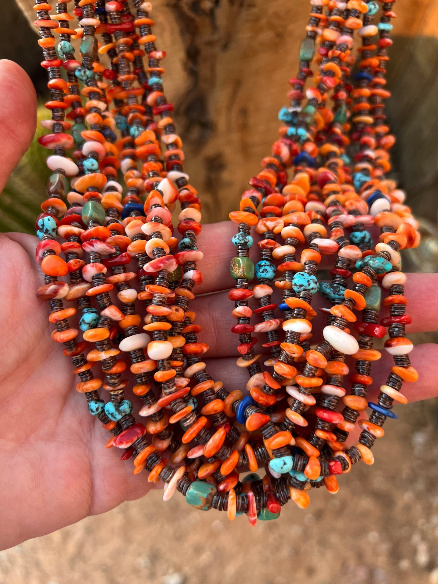 Gorgeous Navajo Made Eight Strand Spiny Oyster and Turquoise Beaded Squaw Wrap Necklace