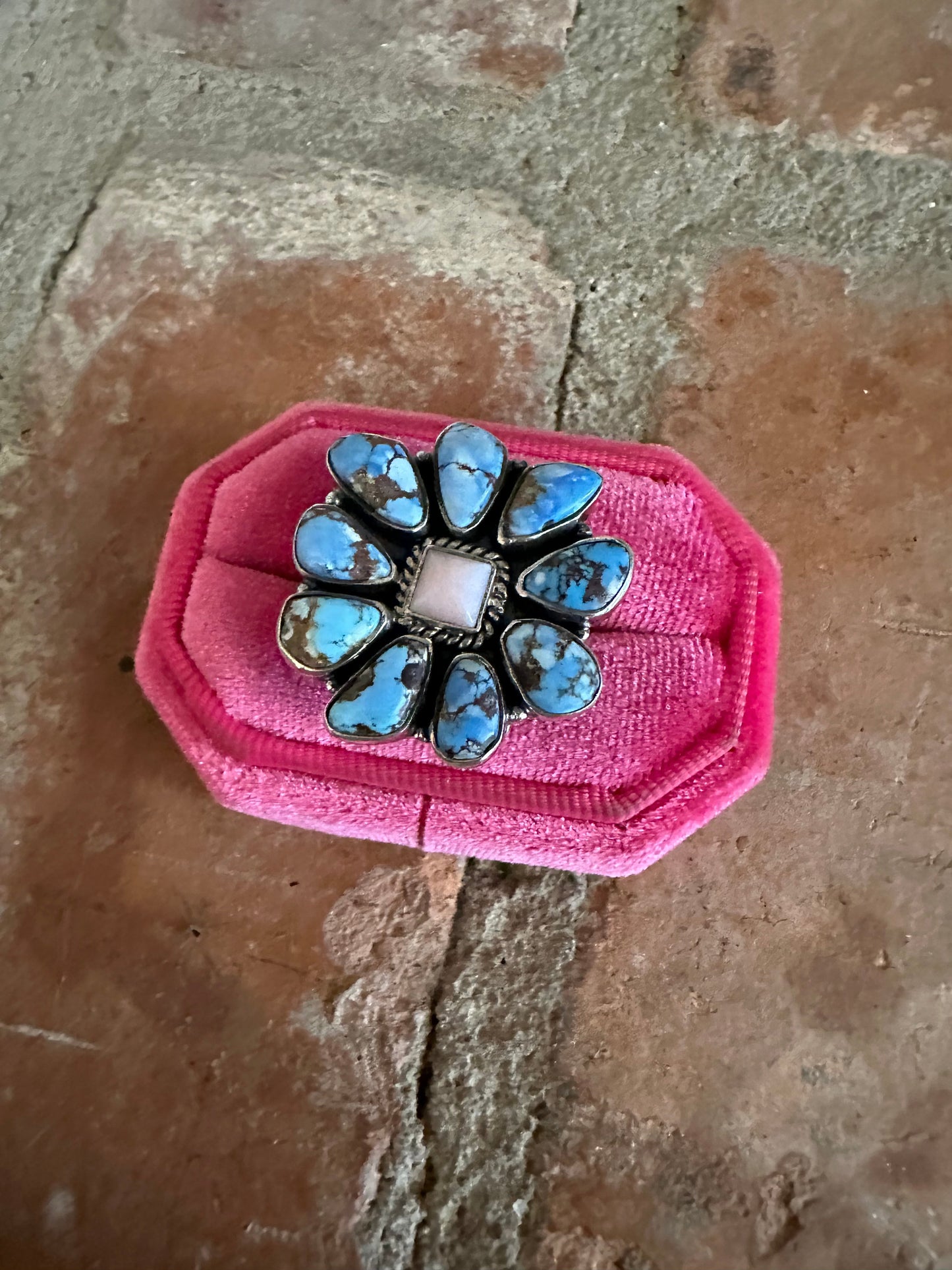 Beautiful Handmade Golden Hills Turquoise, Pink Conch And Sterling Silver Adjustable Ring