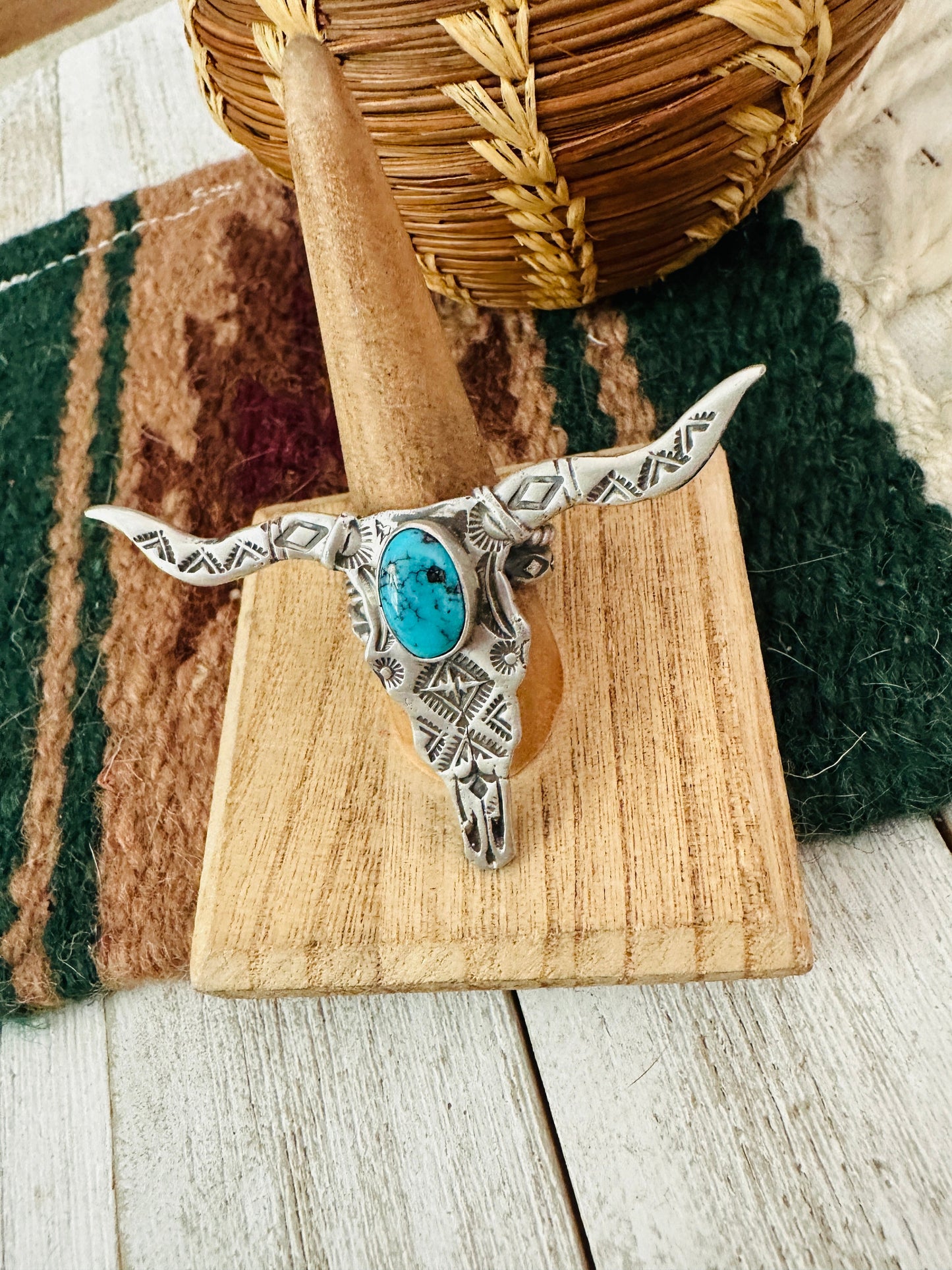 Navajo Sonoran Turquoise & Sterling Silver Bullhead Adjustable Ring