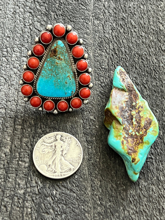 Navajo Sterling Silver, Kingman Turquoise and Mediterranean Coral Cluster Ring By Tyler Brown, Adjustable