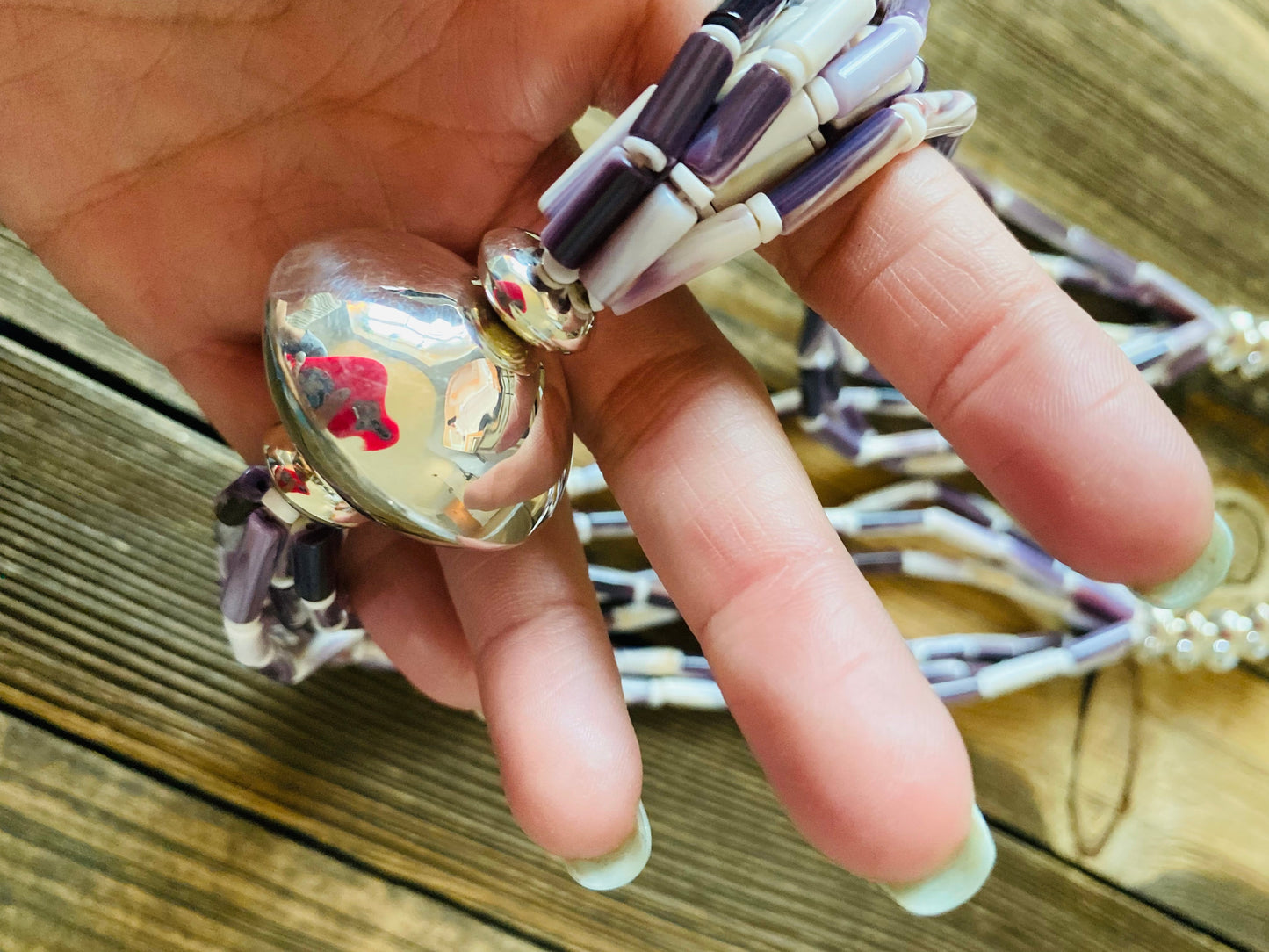 Navajo Sterling Silver, Wampum (Quahog Shell) & Turquoise Beaded Necklace