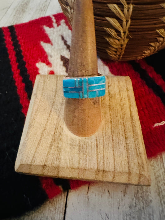 Navajo Turquoise & Sterling Silver Inlay Ring Size 6.75 by Julia Etsitty
