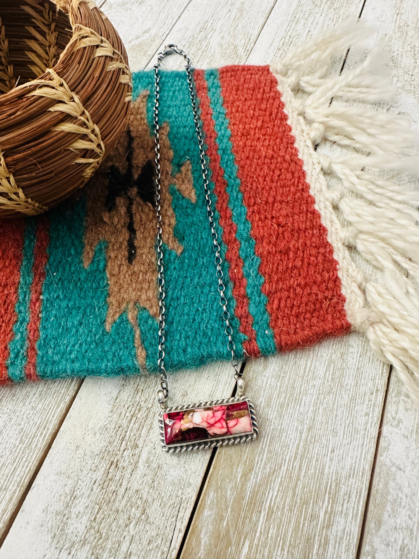 Navajo Rose Dahlia & Sterling Silver Bar Necklace