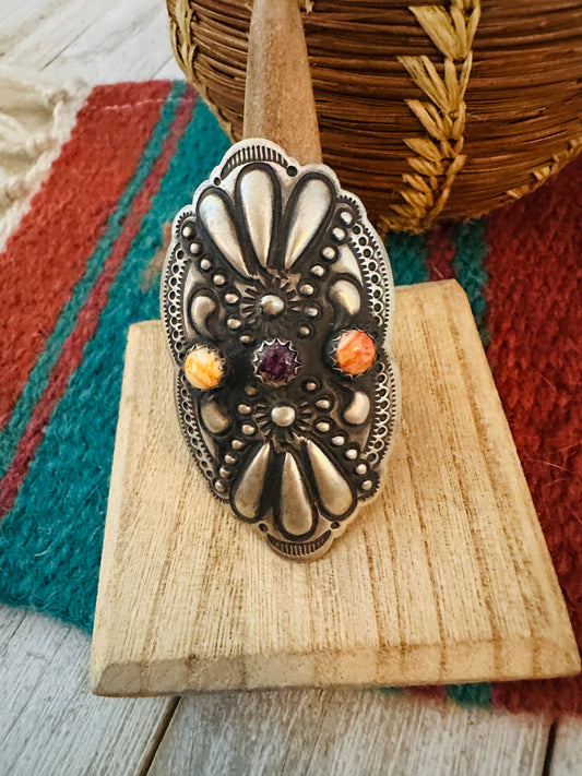 Navajo Spiny Oyster & Sterling Silver Adjustable Ring by Leander Tahe