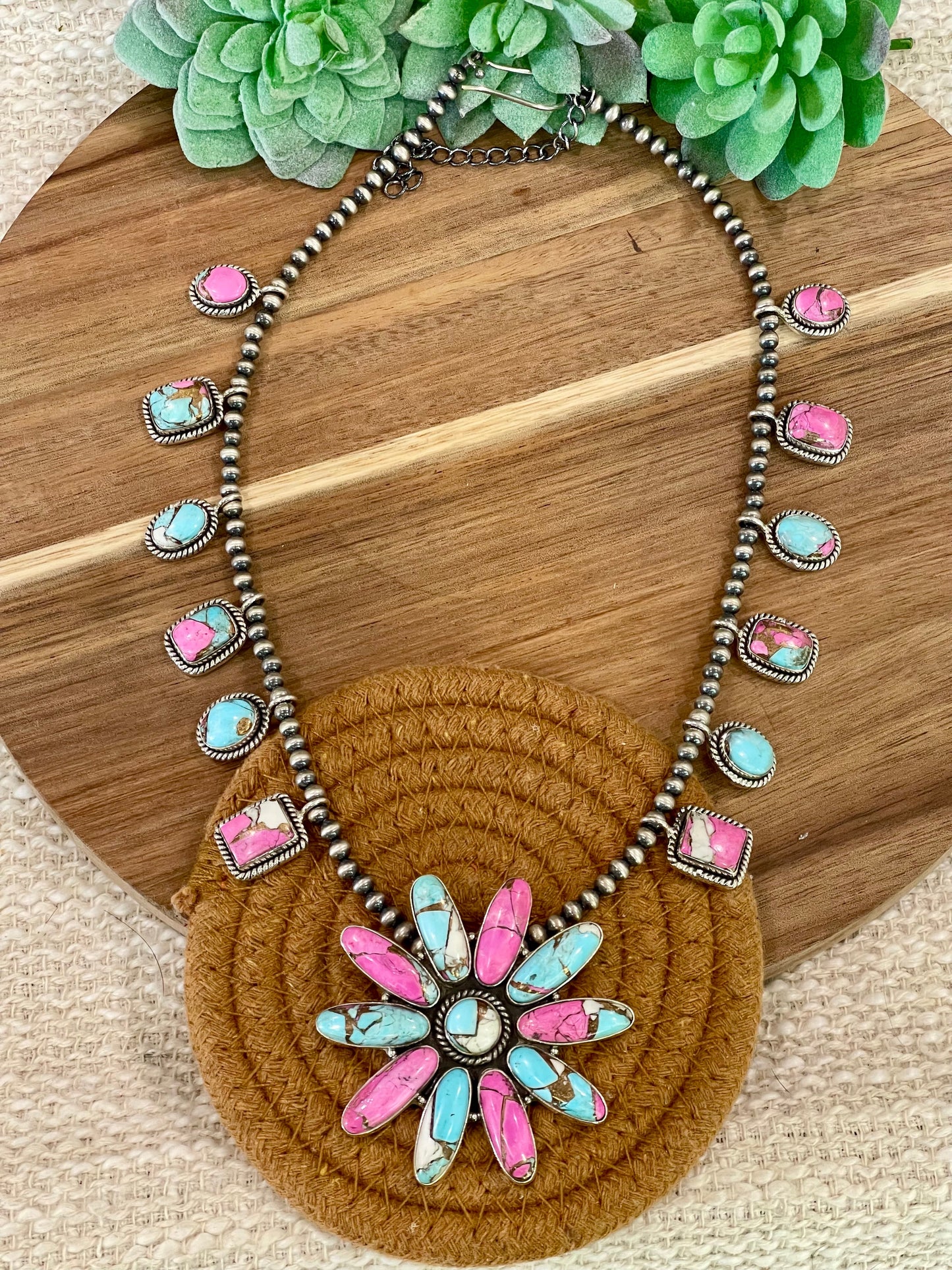 Handmade Sterling Silver Cotton Candy Turquoise Necklace with Signed Nizhoni