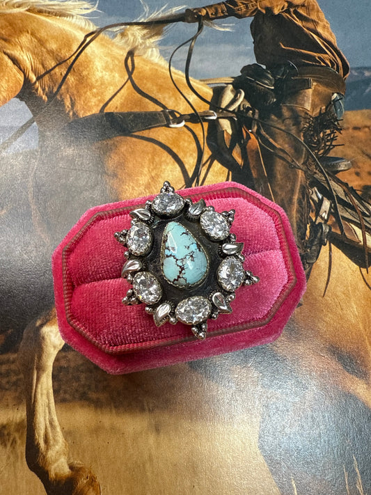 Beautiful Handmade Golden Hills Turquoise , CZ And Sterling Silver Adjustable Ring