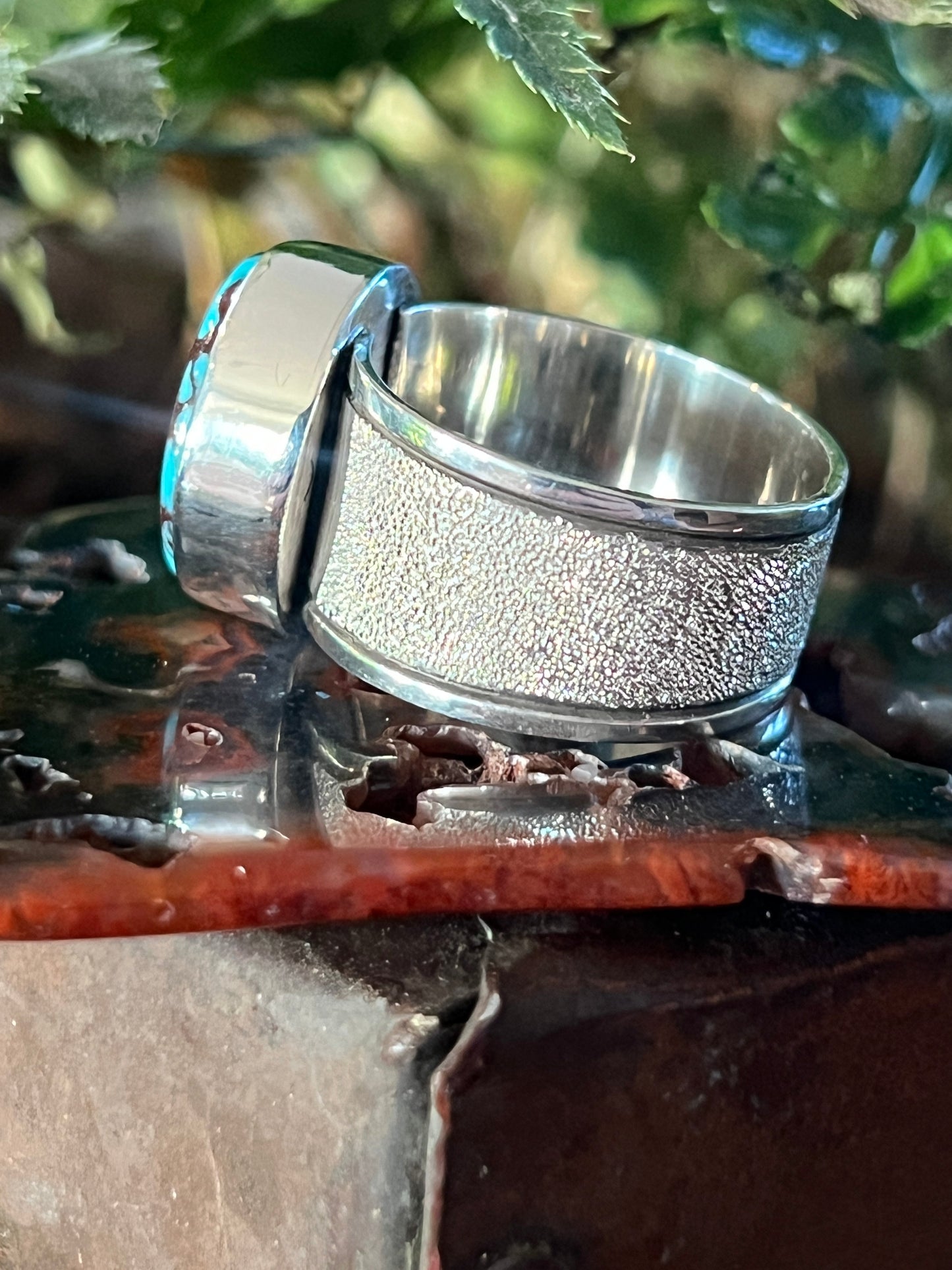 Native Made Sterling Silver Wide Shank Ring with Egyptian Turquoise by Shaun Rogers, Size 10.75
