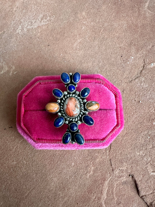 Beautiful Handmade Lapis, Spice And Sterling Silver Adjustable Ring