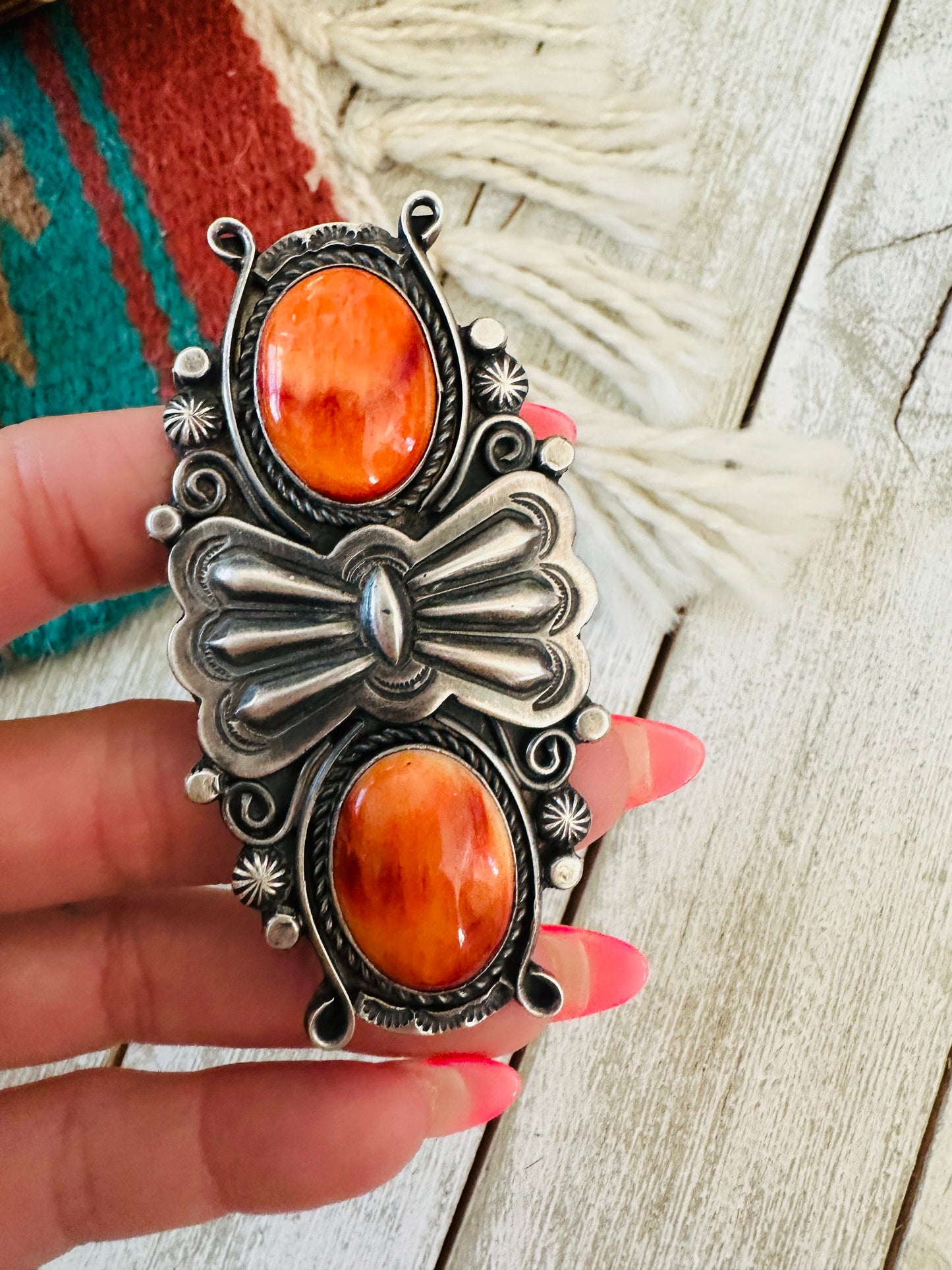 Apache Orange Spiny Oyster & Sterling Silver Ring by Rosella Paxson, Size 9