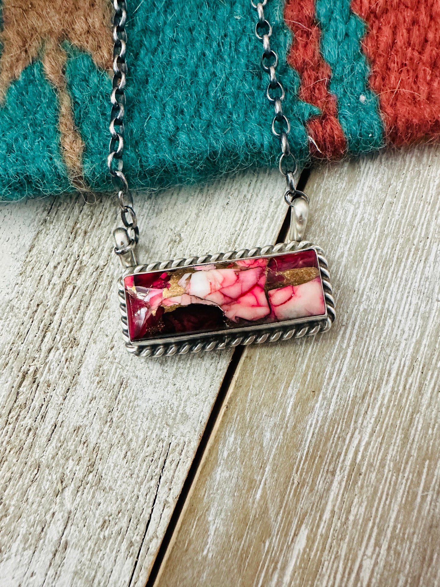 Navajo Rose Dahlia & Sterling Silver Bar Necklace