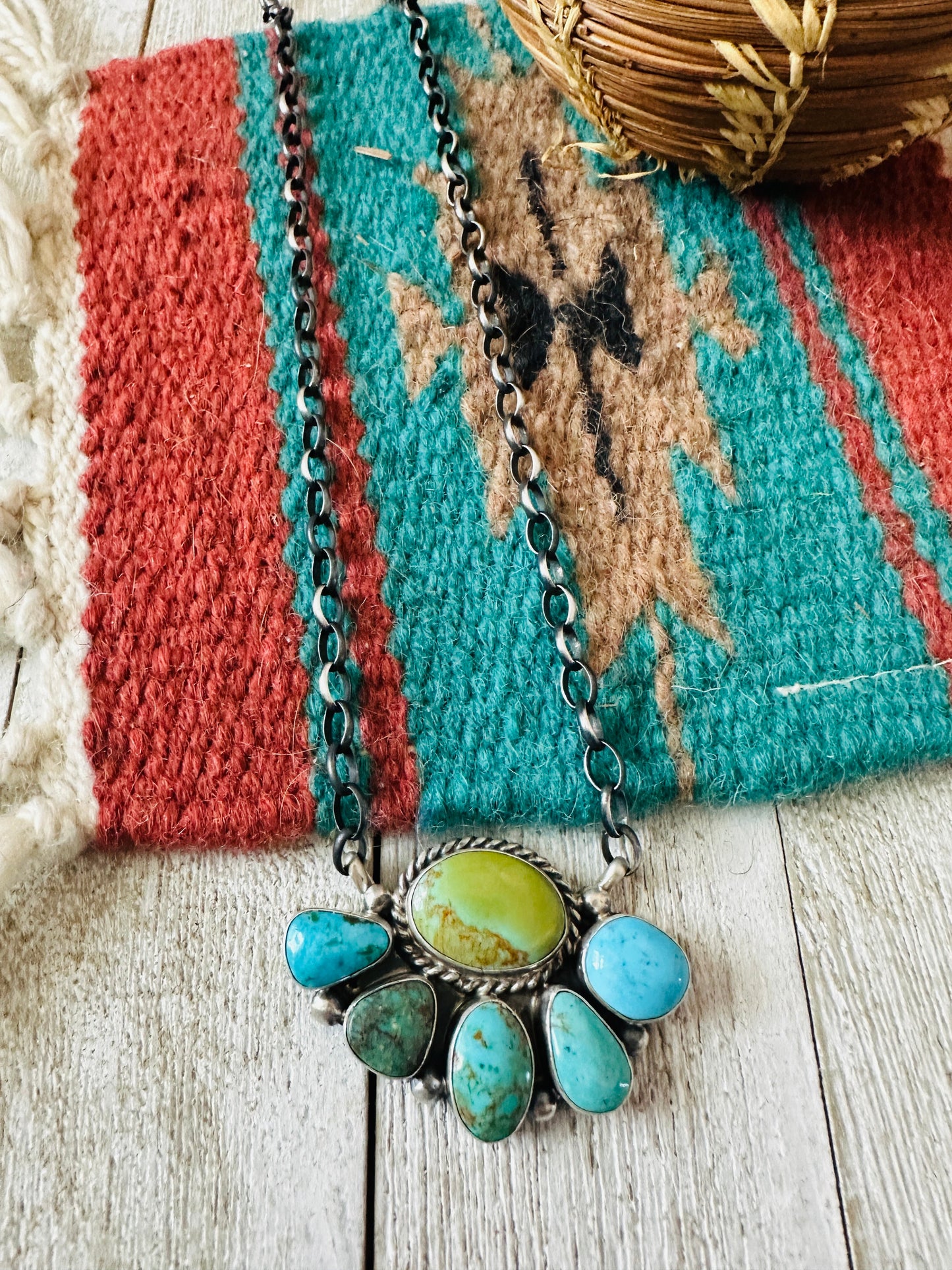 Navajo Sterling Silver & Turquoise Cluster Necklace by Elouise Kee