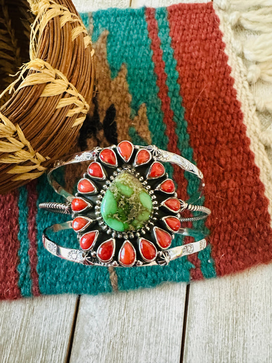 ** Christmas Collection ** Handmade Sterling Silver, Turquoise & Coral Cuff Bracelet Signed Nizhoni