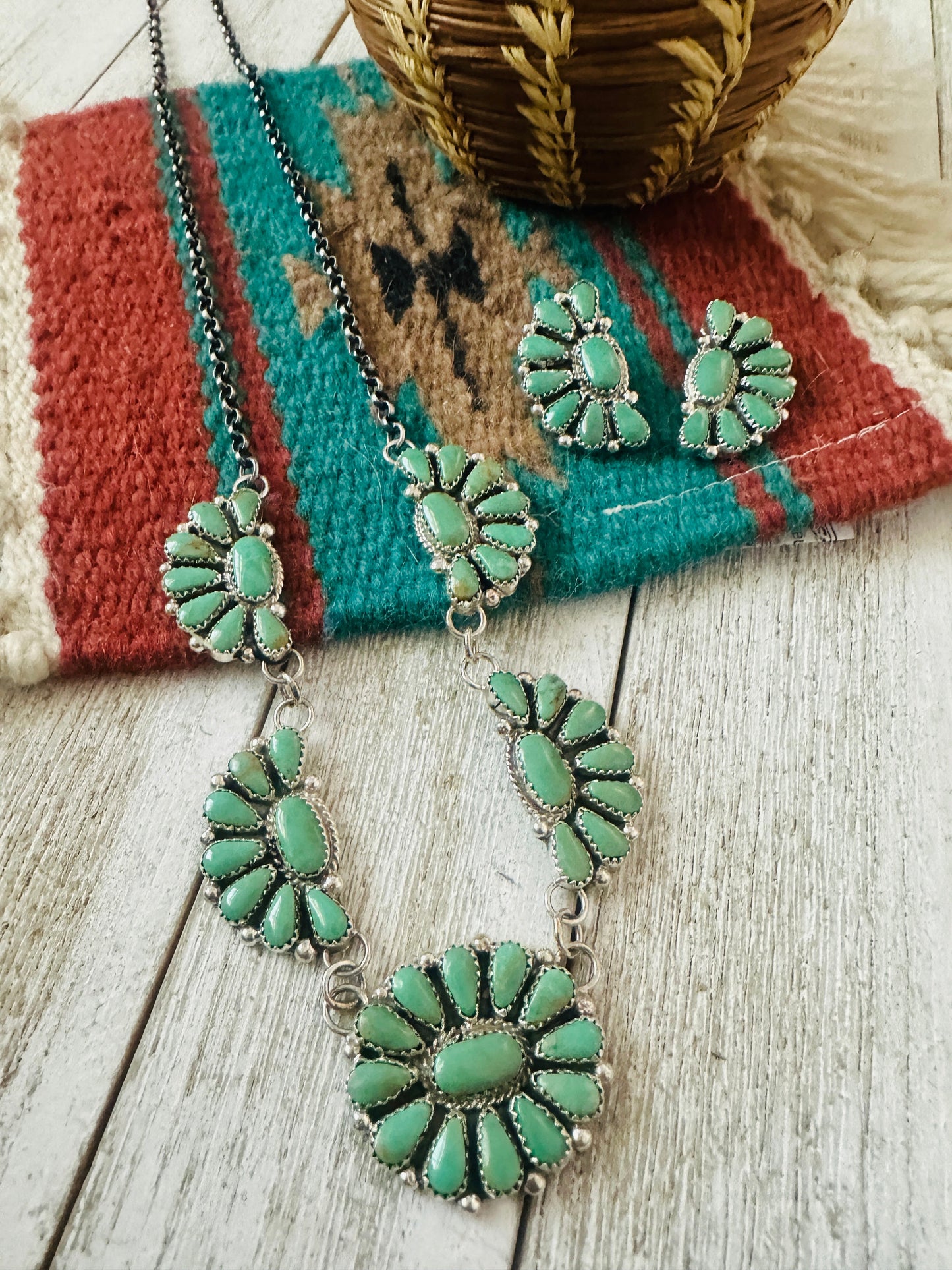 Navajo Sterling Silver & Turquoise Cluster Necklace and Earring Set