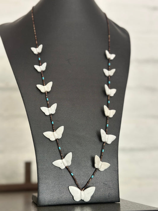 Zuni Multi Stone & Heishi Beaded Butterfly Fetish Necklace