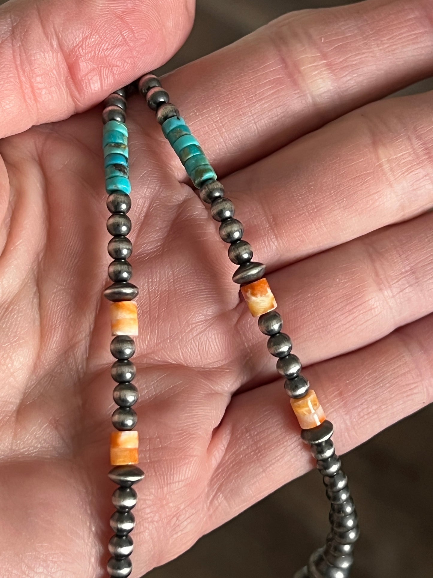 Summer Lovin’ Navajo Beaded Layering Necklace with Sterling Silver, Spiny Oyster Shell and Turquoise, 16” + 2”, The Flower Child