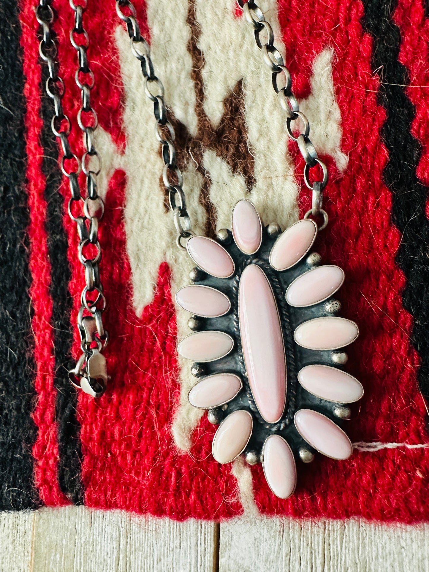 Navajo Sterling Silver & Queen Pink Conch Cluster Necklace