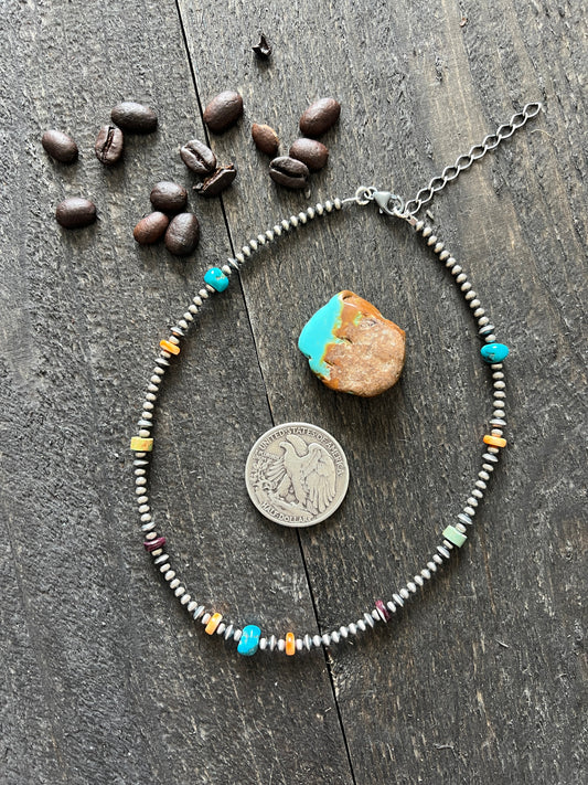 Summer Lovin’ Navajo Beaded Layering Necklace with Sterling Silver, Spiny Oyster Shell and Turquoise, 14 + 2”, The Color Drop