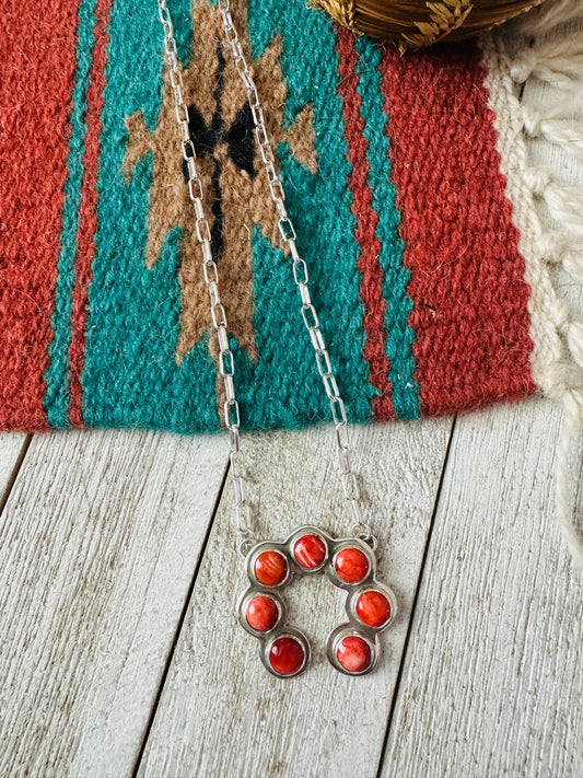 Navajo Sterling Silver & Orange Spiny Naja Necklace