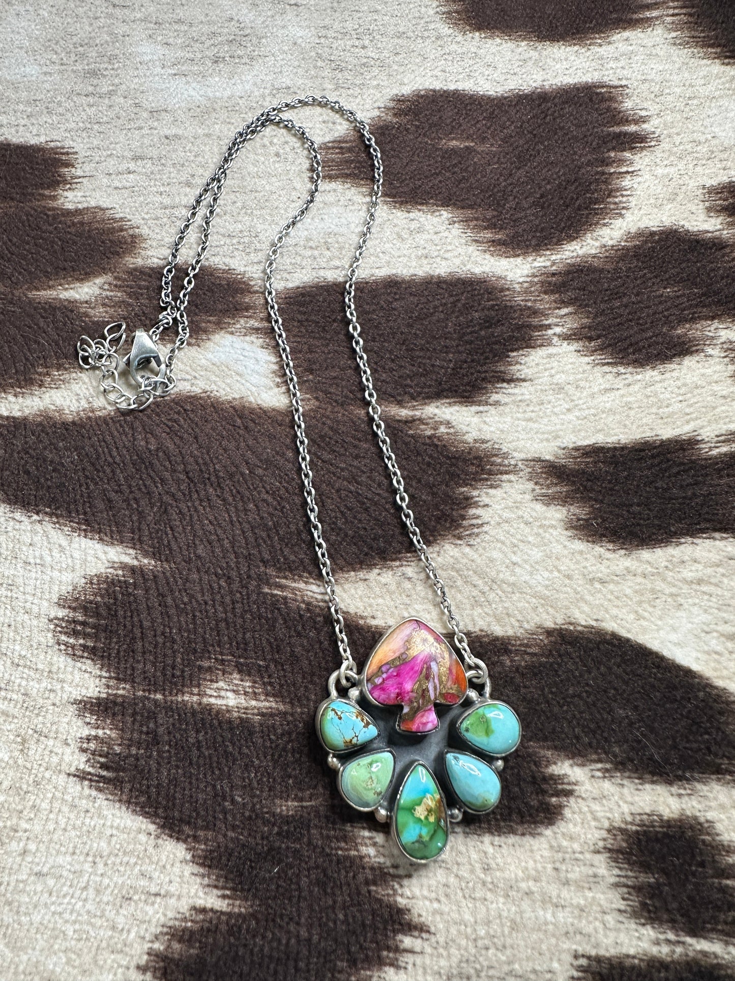 Handmade Pink Dream Mojave, Turquoise & Sterling Silver Spade Necklace