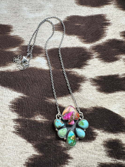 Handmade Pink Dream Mojave, Turquoise & Sterling Silver Spade Necklace