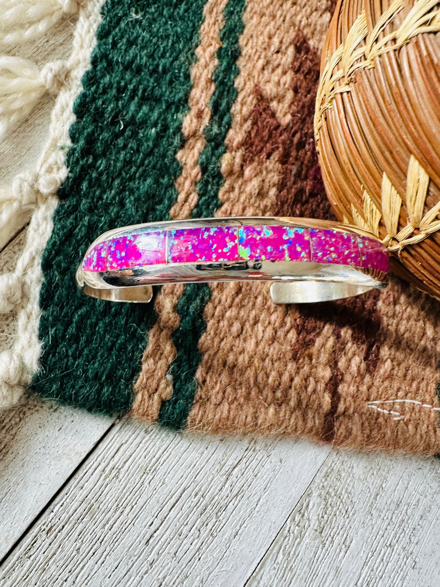 Navajo Sterling Silver & Pink Opal Inlay Cuff Bracelet