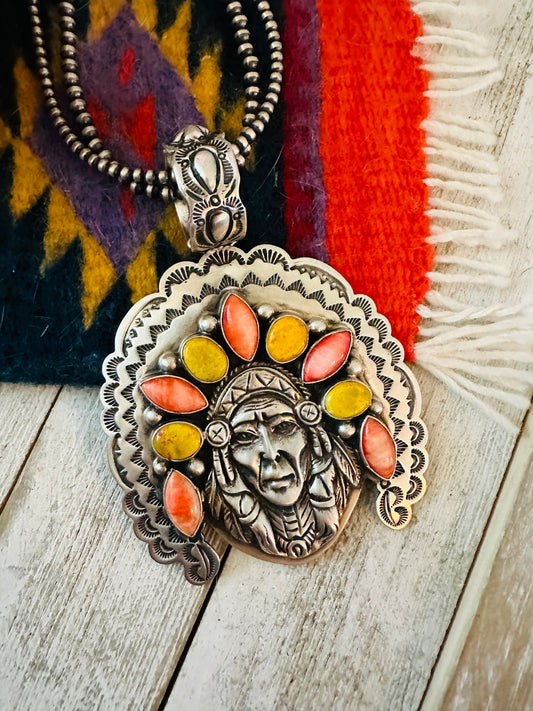 Navajo Spiny, Jasper & Sterling Silver Indian Chief Pendant