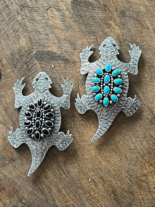 Navajo Sterling Silver and Stone Horned Toad Pin and Pendant by Lee Charley, Turquoise or Onyx
