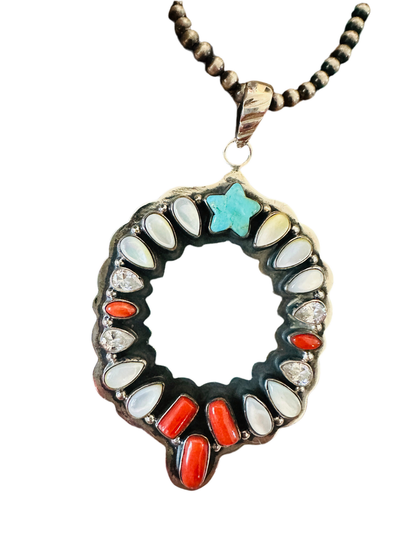 ** Christmas Collection ** Handmade Sterling Silver & Multi Stone Wreath Pendant Signed Nizhoni