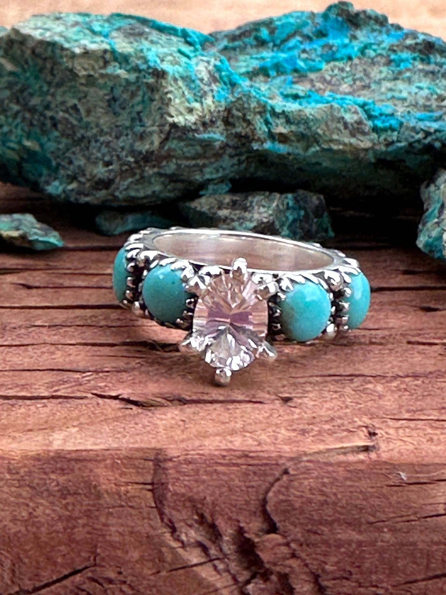 Kingman Turquoise & White Topaz Sterling Silver Forever Ring