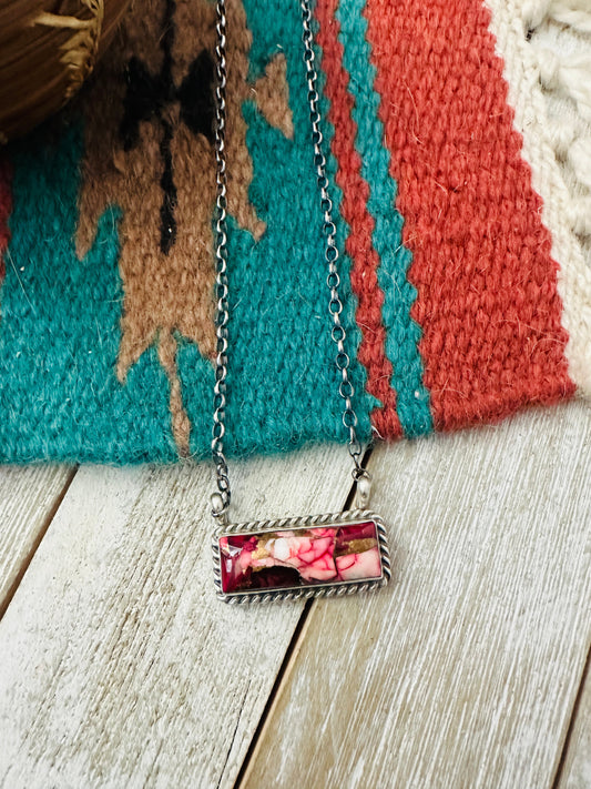 Navajo Rose Dahlia & Sterling Silver Bar Necklace