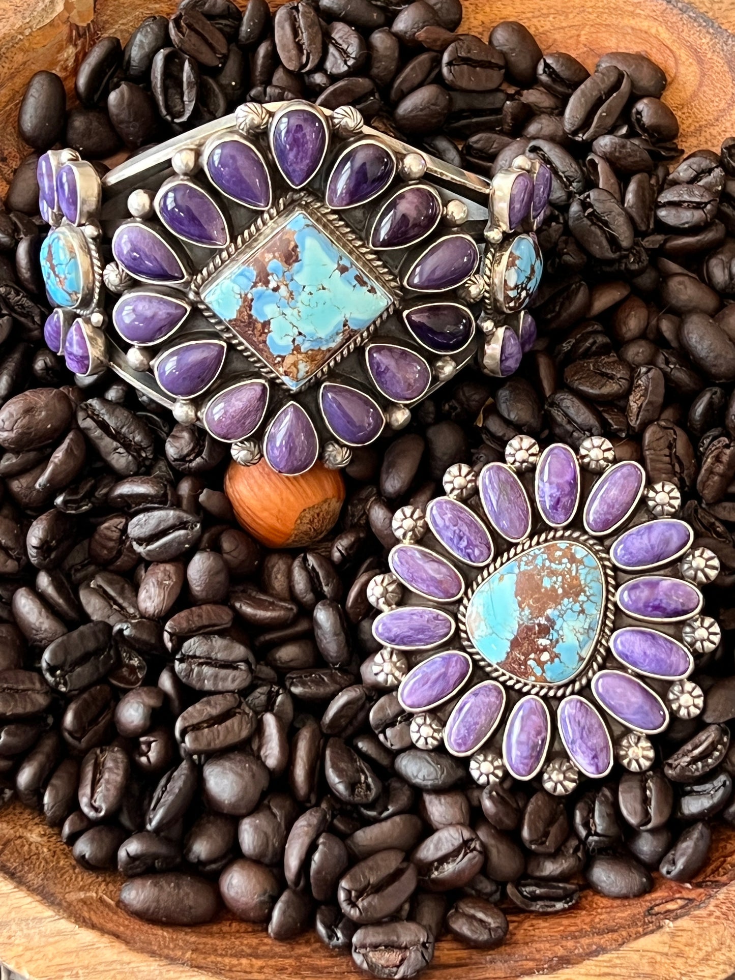 Navajo Sterling Silver, Charoite and Golden Hills Turquoise Cluster Cuff Bracelet by Tyler Brown