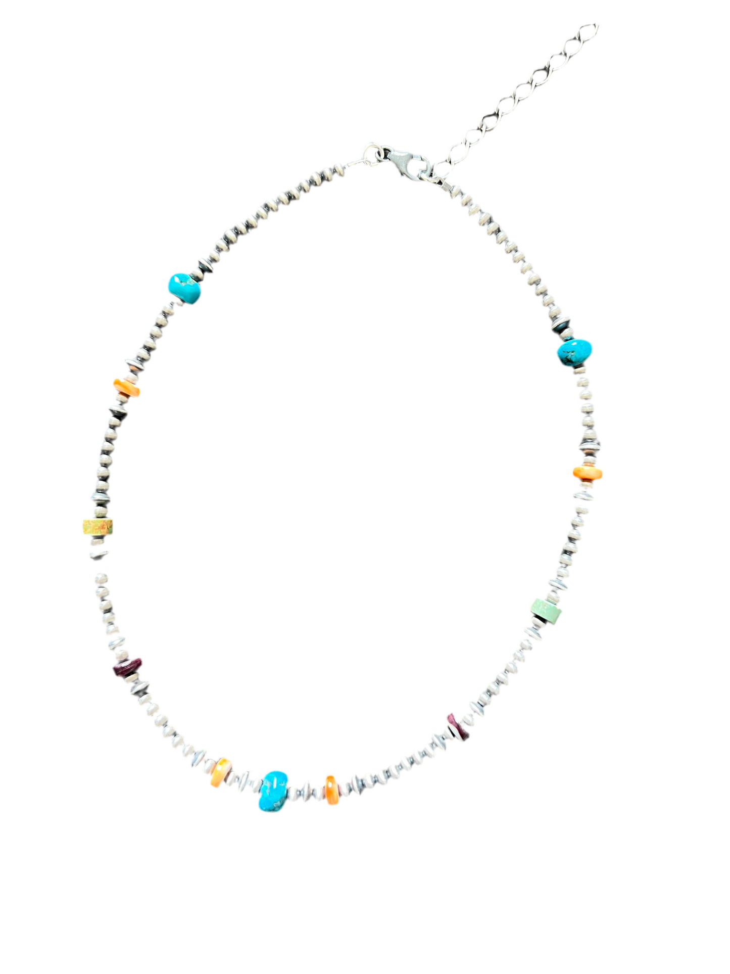 Summer Lovin’ Navajo Beaded Layering Necklace with Sterling Silver, Spiny Oyster Shell and Turquoise, 14 + 2”, The Color Drop