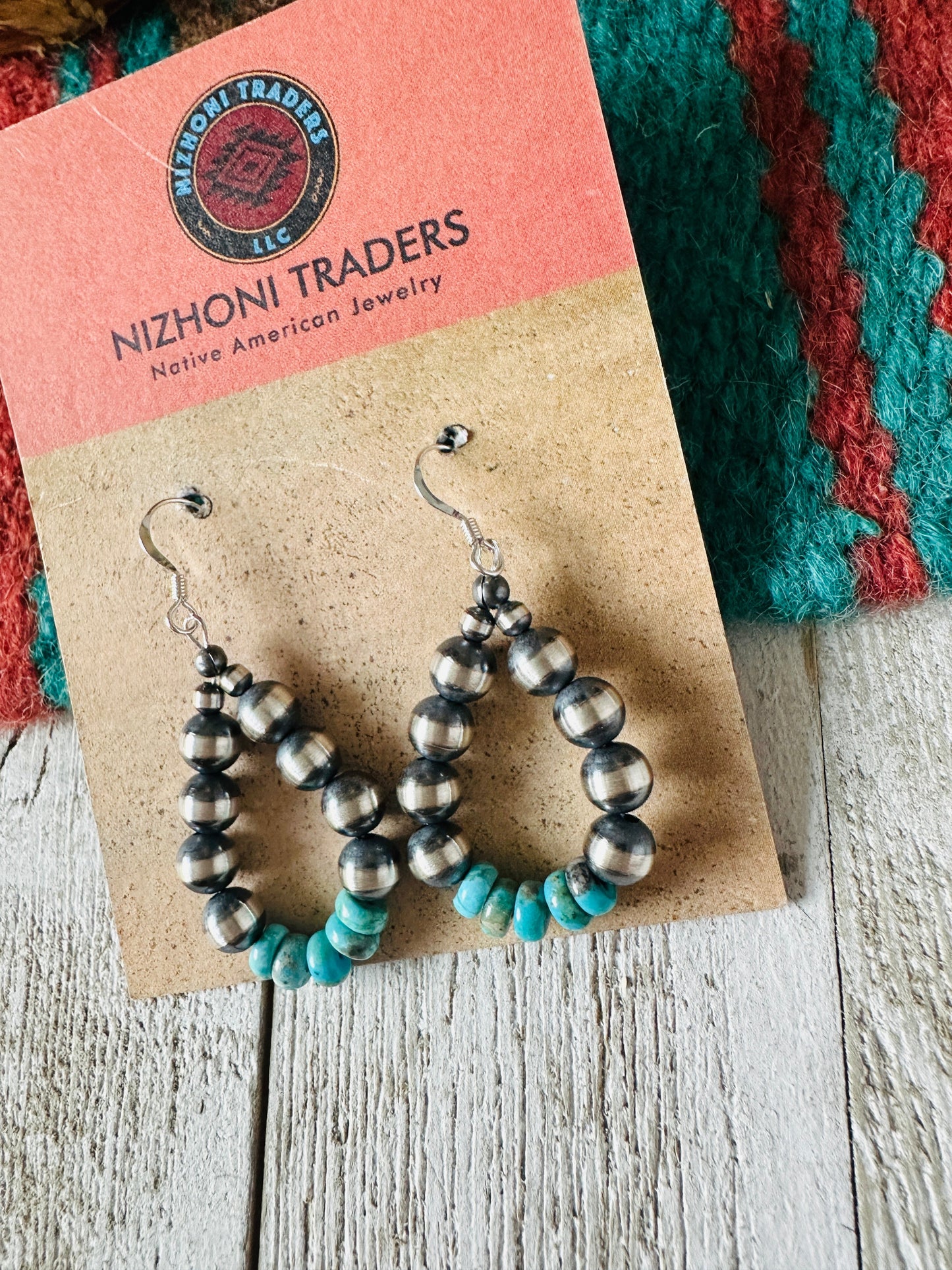 Navajo Turquoise & Sterling Silver Pearl Dangle Hoop Earrings