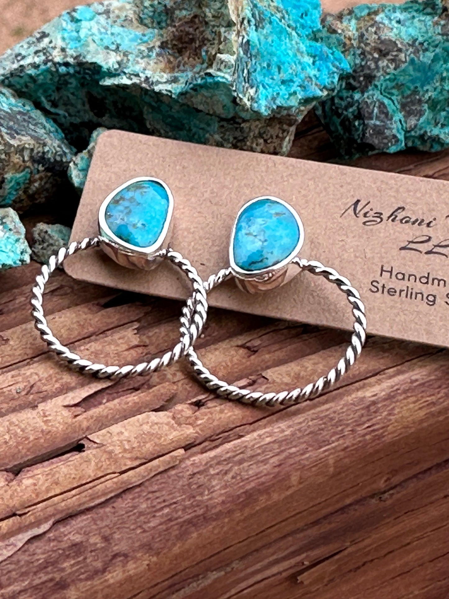 Handmade Kingman Turquoise & Sterling Silver Twisted Hoop Earrings