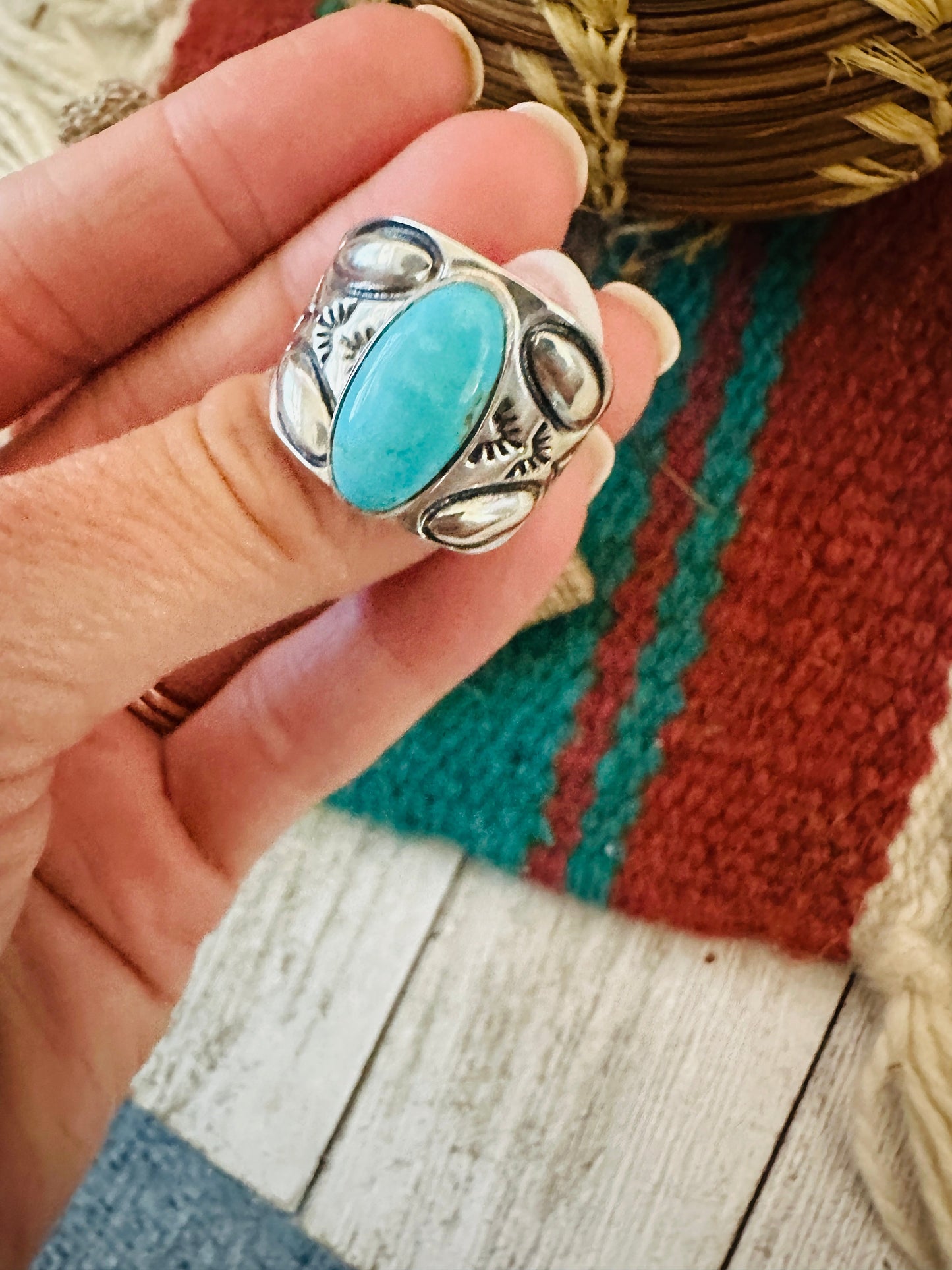 Navajo Turquoise & Sterling Silver Cigar Band Ring Size 9