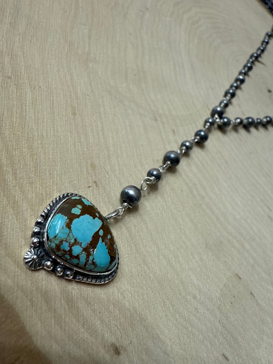 Handmade Sterling Silver Number 8 Turquoise Beaded Lariat Cross Necklace