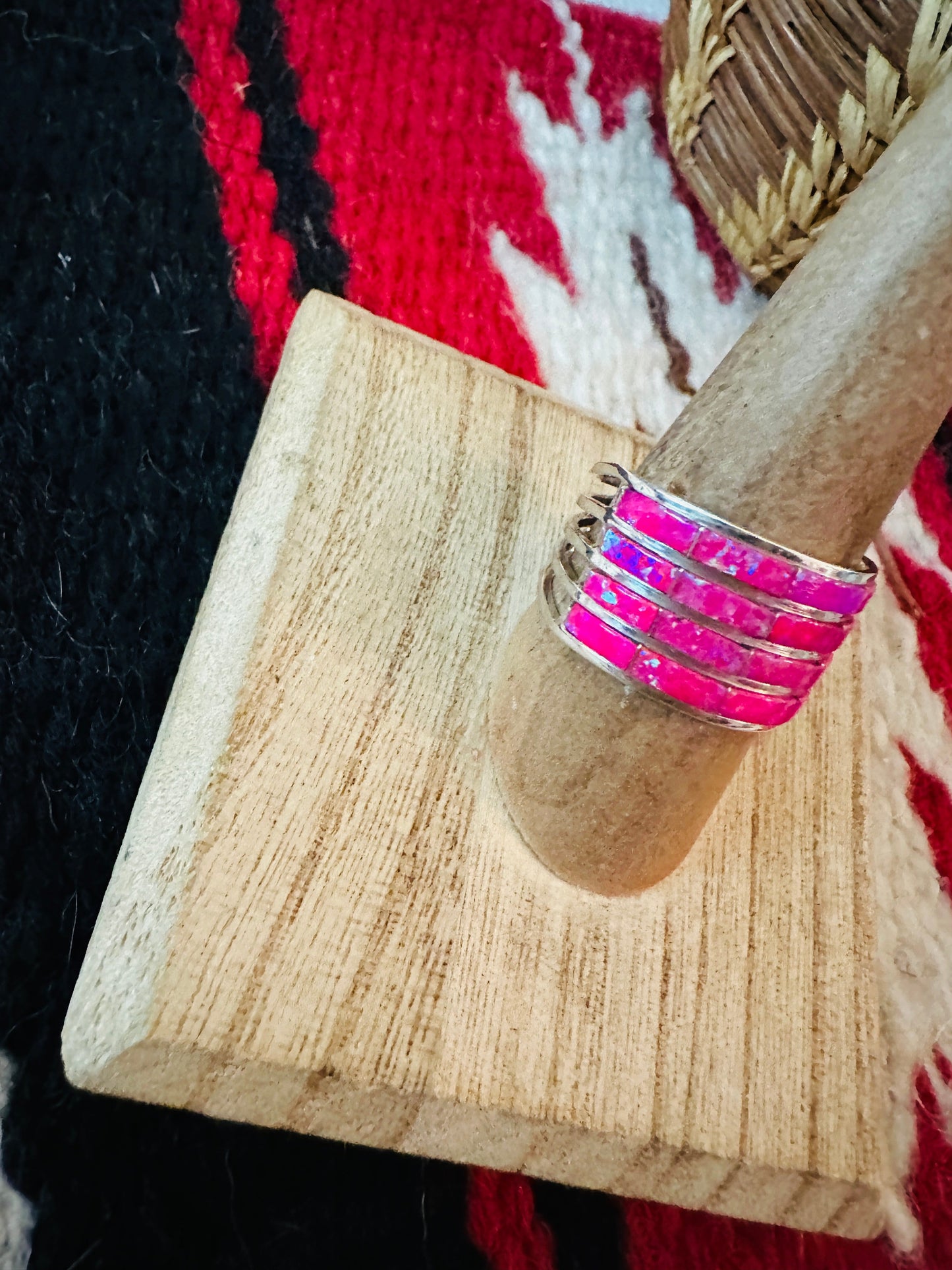 Navajo Sterling Silver & Pink Opal Inlay 4 Row Band Ring