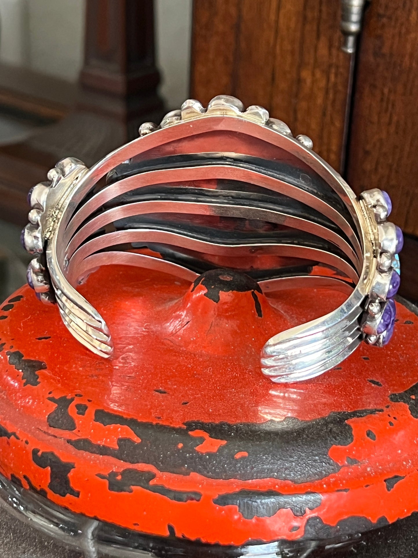 Navajo Sterling Silver, Charoite and Golden Hills Turquoise Cluster Cuff Bracelet by Tyler Brown